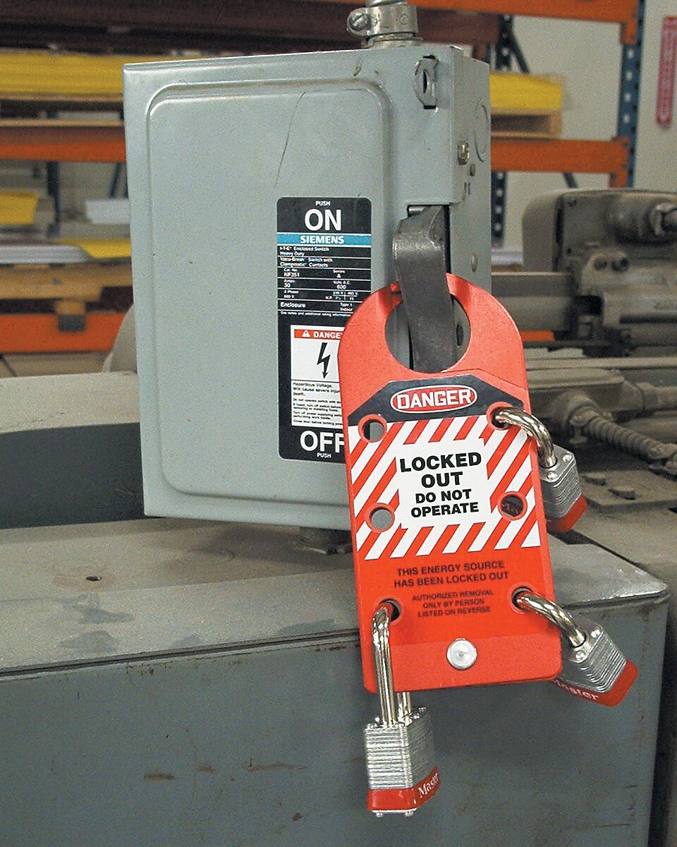Accuform 6.75" x 3.125" Aluminum Hasp "DANGER LOCKED OUT DO..", White/Black On Red (KDH643)