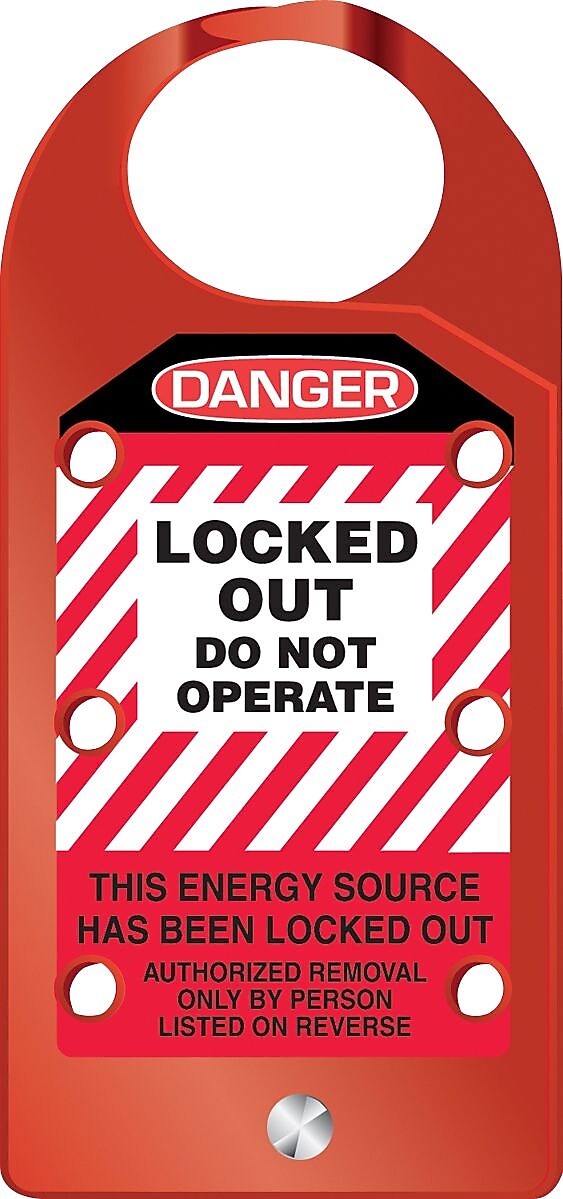 Accuform 6.75" x 3.125" Aluminum Hasp "DANGER LOCKED OUT DO..", White/Black On Red (KDH643)