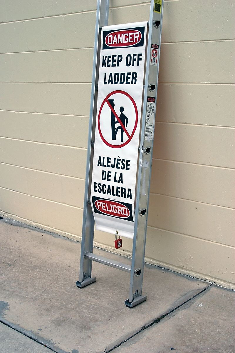 Accuform Ladder Shield 87" x 13" Vinyl Bilingual Wrap "DANGER DO NOT..", Red/Black On White (KLB761)