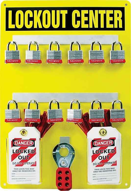 Accuform Lockout Center Board With Kit and 12 Padlock, Black On Yellow (KST410)