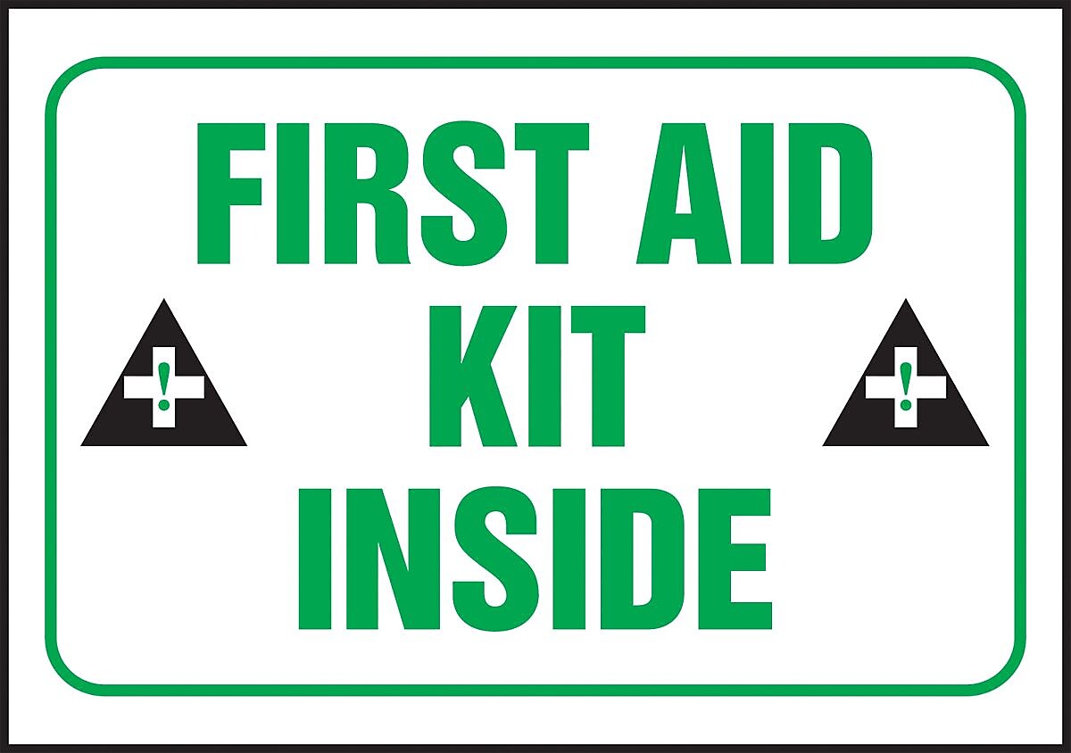 Accuform 3 1/2" x 5" Adhesive Vinyl Safety Label "FIRST AID..", Green/Black On White, 5/Pack (LFSD509VSP)