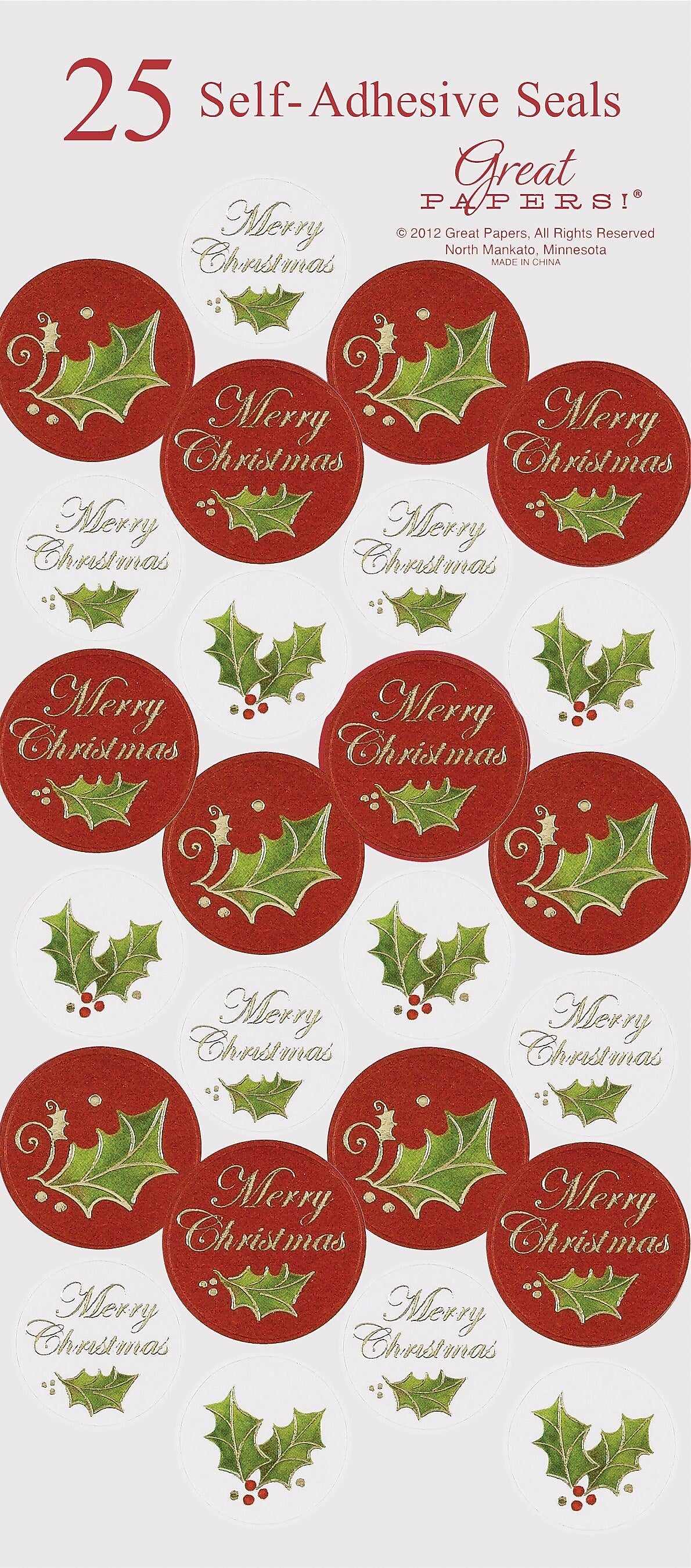 Great Papers® Holiday Seals Christmas Holly, 50/Count (2012343PK2)