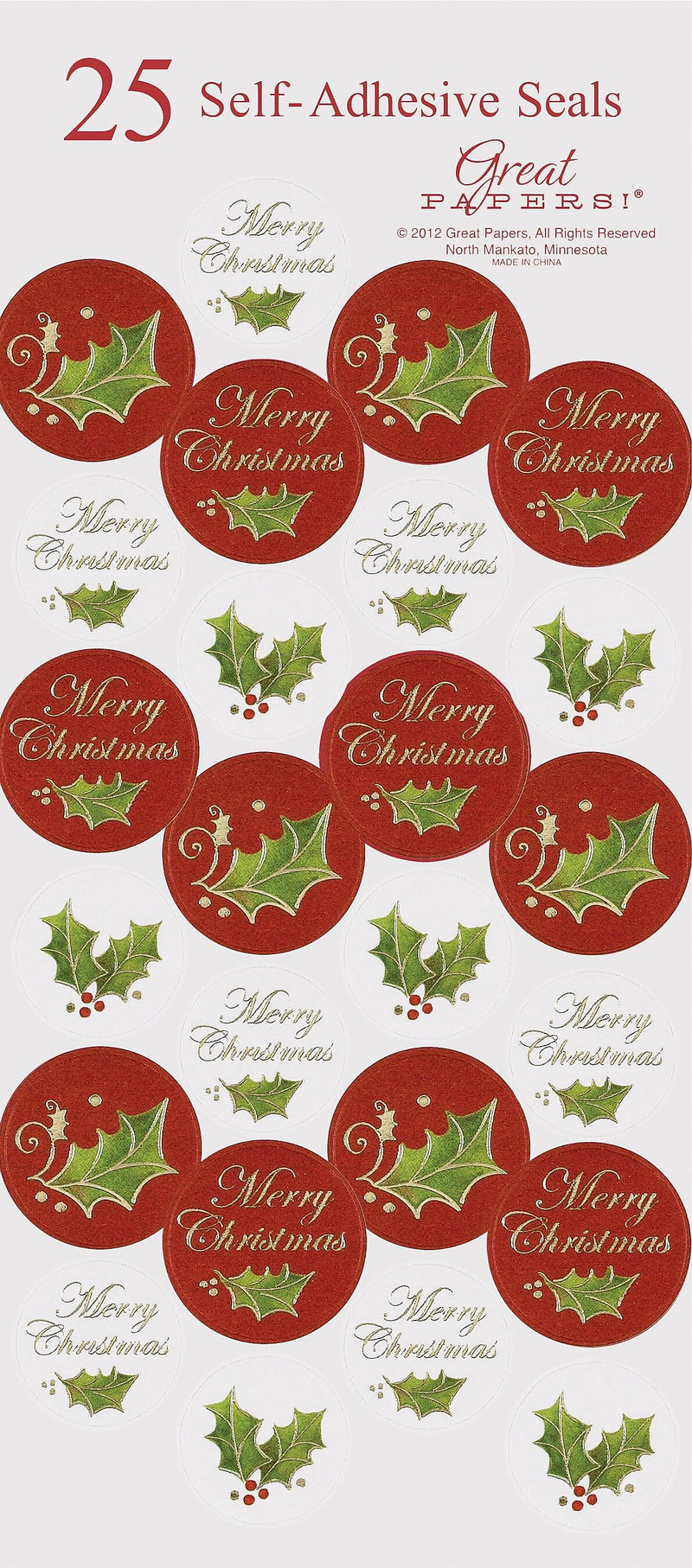Great Papers® Holiday Seals Christmas Holly, 50/Count (2012343PK2)