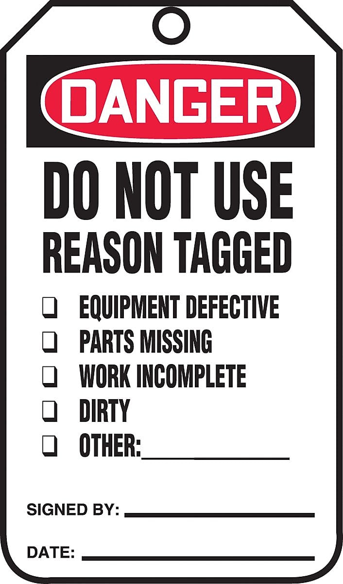 Accuform 5.75" x 3.25" RP-Plastic Safety Tag "DANGER..REASON TAGGED", Red/Black On White, 25/Pack (MDT219PTP)