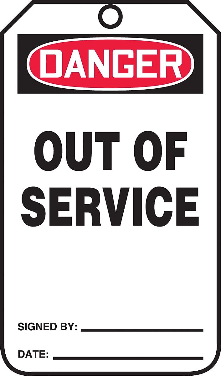 Accuform 5 3/4" x 3 1/4" RP-Plastic Safety Sign "DANGER OUT OF SERVICE", Red/Black On White, 25/Pack (MDT246PTP)