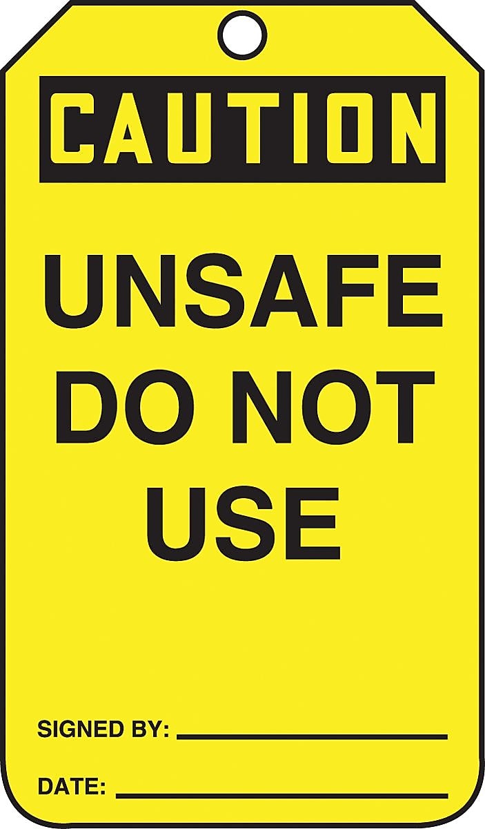 Accuform 5 3/4" x 3 1/4" PF-Cardstock Safety Tags "CAUTION UNSAF..", Black On Yellow, 25/Pack (MDT626CTP)