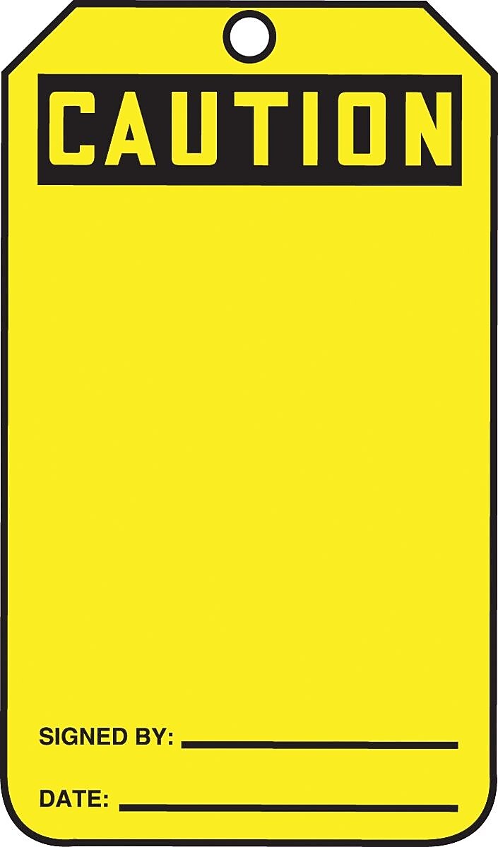 Accuform 5 3/4" x 3 1/4" Plastic Blank Front & Back Tags "CAU..", Black On Yellow, 25/Pack (MGT200PTP)