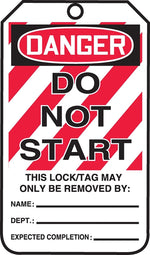 Accuform 5 3/4" x 3 1/4" PF-Cardstock Lockout Tag "DANGER DO NOT START", Red/Black On White, 25/Pack (MLT403CTP)