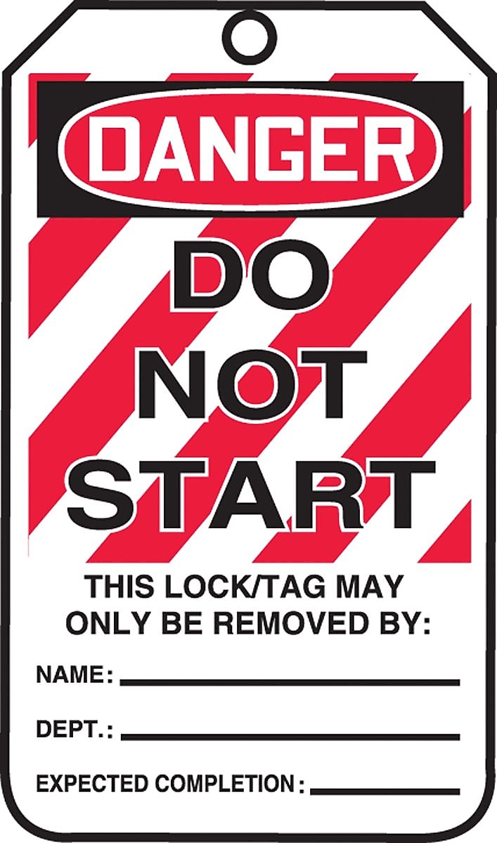 Accuform 5 3/4" x 3 1/4" PF-Cardstock Lockout Tag "DANGER DO NOT START", Red/Black On White, 25/Pack (MLT403CTP)