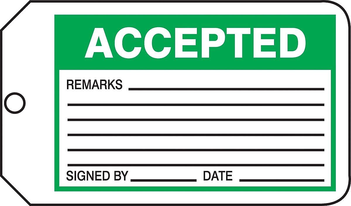 Accuform 5 3/4" x 3 1/4" RP-Plastic Production Tags "ACCEPTED", Green/Black On White, 25/Pack (MMT301PTP)