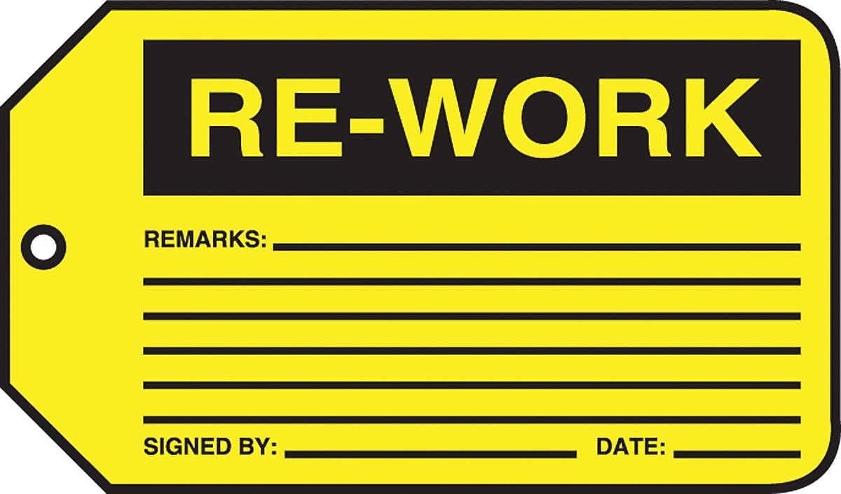 Accuform 5 3/4" x 3 1/4" PF-Cardstock Production Tags RE-WORK", Black On Yellow, 25/Pack (MMT306CTP)