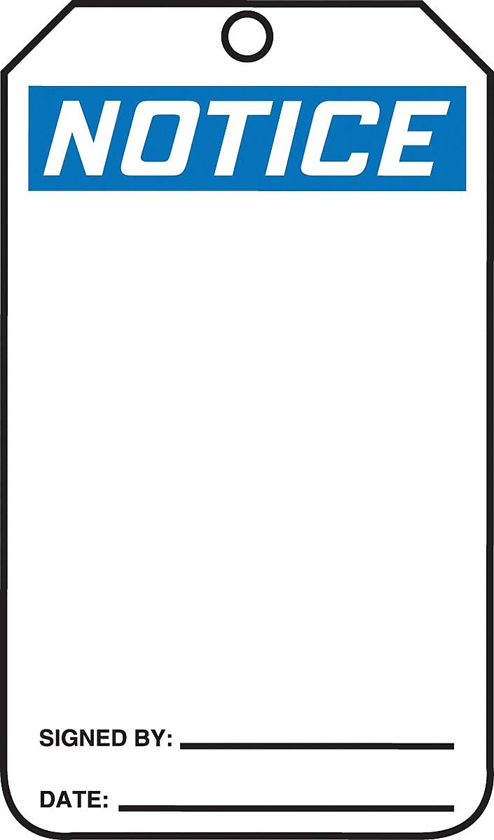 Accuform 5 3/4" x 3 1/4" PF-Cardstock Blank Safety Tags "Notice", Black/Blue On White, 25/Pack (MNT101CTP)