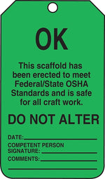 Accuform 5 3/4" x 3 1/4" RP-Plastic Scaffold Status Tag "OK THIS..", Black On Green, 25/Pack (TSS103PTP)