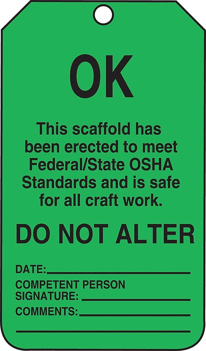 Accuform 5 3/4" x 3 1/4" PF-Cardstock Scaffold Status Tags "OK THIS..", Black On Green, 25/Pack (TSS103CTP)
