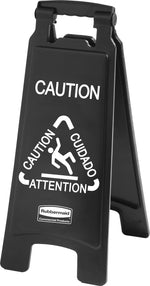 Rubbermaid® Commercial Executive 2-Sided Multi-Lingual Caution Sign, 10 9/10" x 26 1/10", Plastic, Black, Each (RCP 1867505)