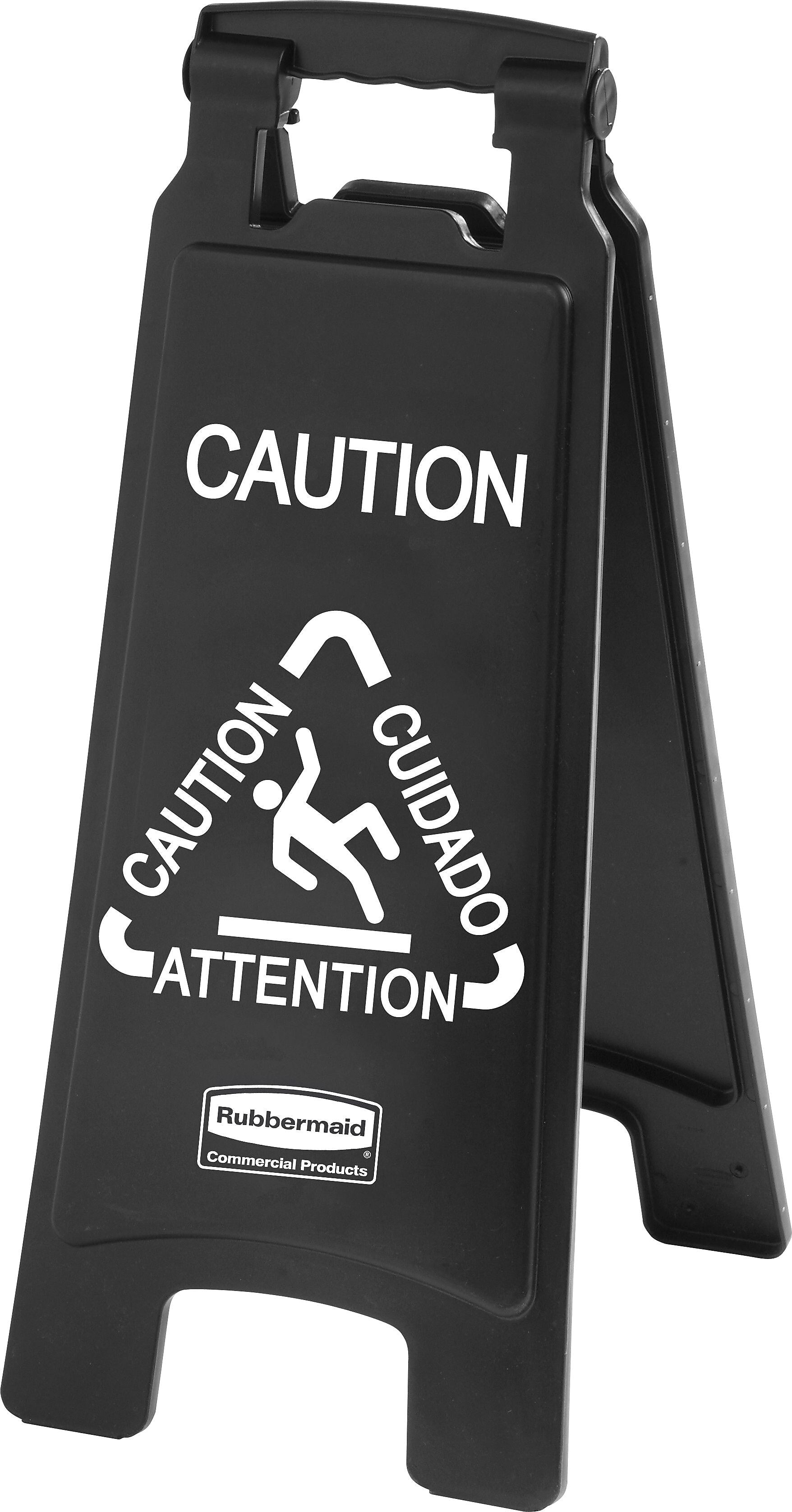 Rubbermaid® Commercial Executive 2-Sided Multi-Lingual Caution Sign, 10 9/10" x 26 1/10", Plastic, Black, Each (RCP 1867505)