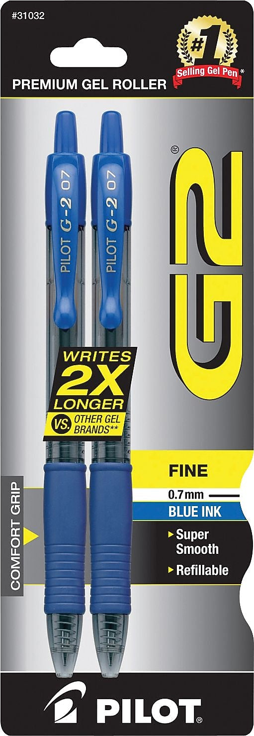 Pilot G2 Retractable Gel Pens, Fine Point, Blue Ink, 2/Pack (31032)
