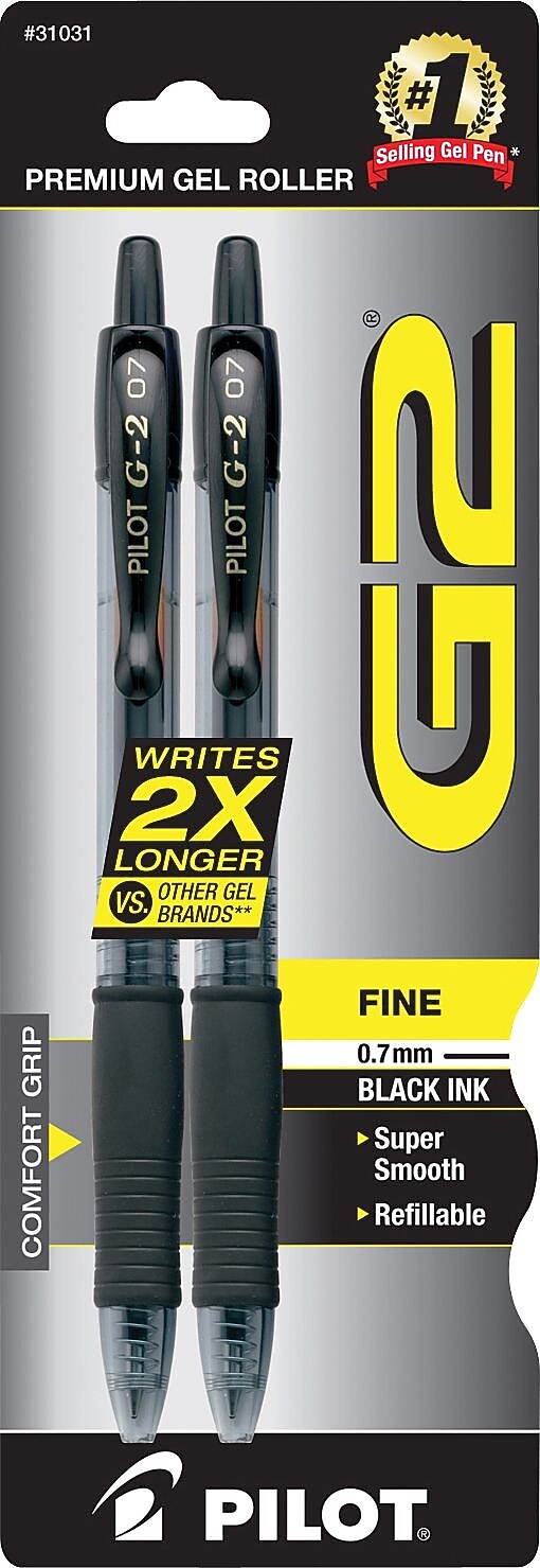 Pilot G2 Retractable Gel Pens, Fine Point, Black Ink, 2/Pack (31031)