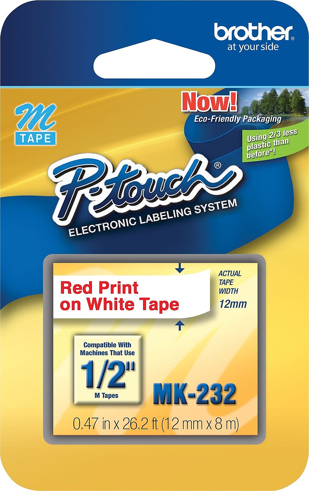 Brother P-touch M-K232 Label Maker Tape, 1/2" x 26-2/10', Red on White (M-K232)