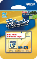 Brother P-touch M-K232 Label Maker Tape, 1/2" x 26-2/10', Red on White (M-K232)