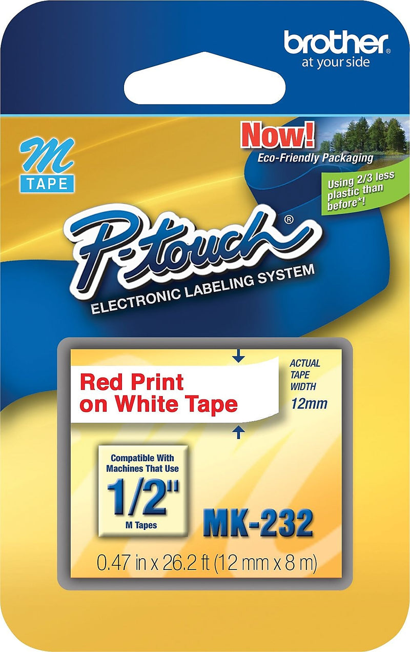 Brother P-touch M-K232 Label Maker Tape, 1/2" x 26-2/10', Red on White (M-K232)