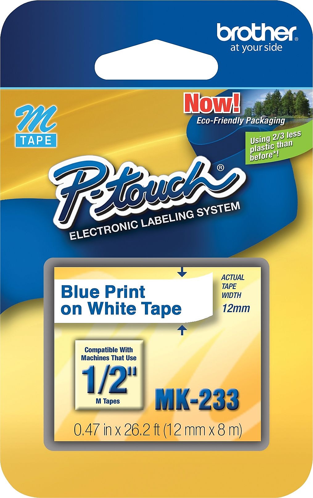 Brother P-touch M-K233 Label Maker Tape, 1/2" x 26-2/10', Blue on White (M-K233)