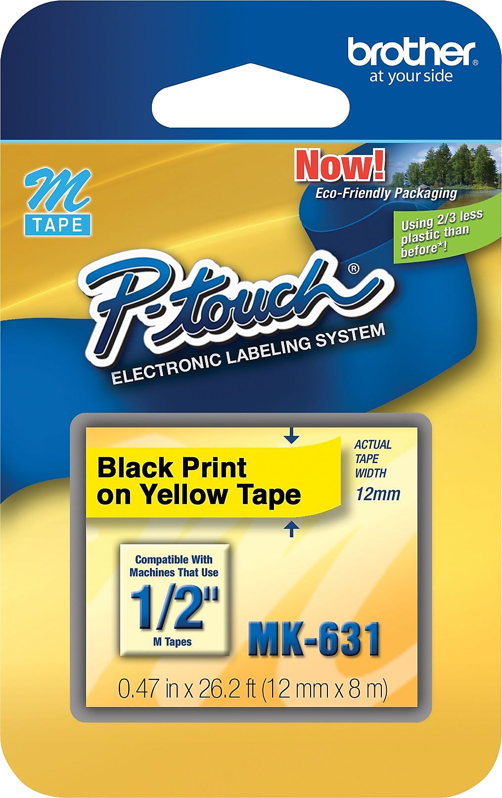 Brother P-touch M-K631 Label Maker Tape, 1/2" x 26-2/10', Black on Yellow (M-K631)