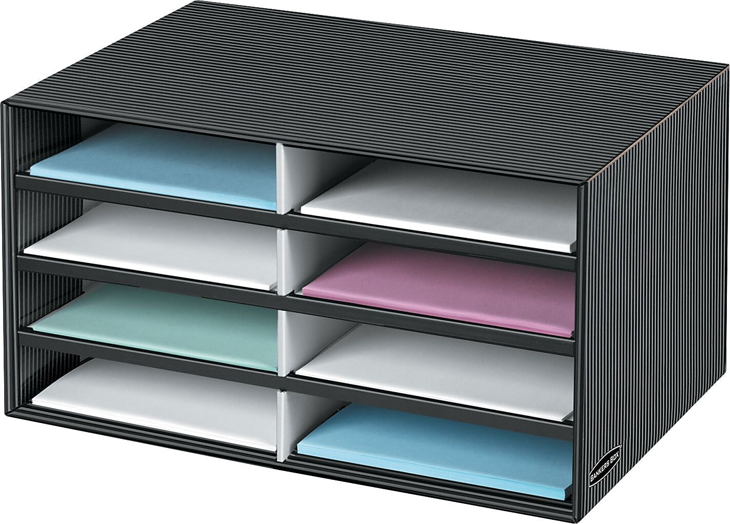 Decorative Eight Compartment Literature Sorter, Letter Size, White/Black Brocade
