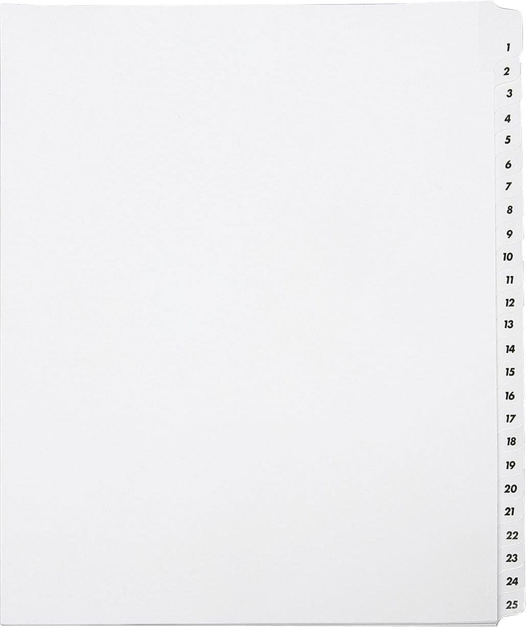 AbilityOne SKILCRAFT Preprinted Tabs Table of Contents Sheets, Printed1-25, 1 Set, Clear Divider