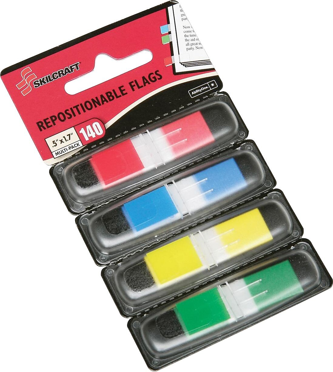 AbilityOne SKILCRAFT Self-stick Repositionable Color Flags, 0.50" x 1.70", Assorted, 4 / Pack