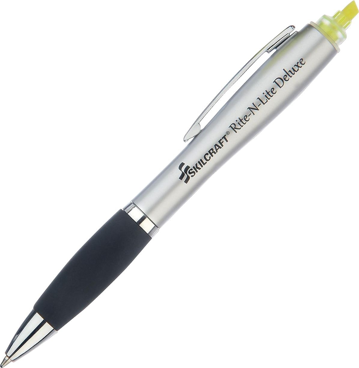 AbilityOne SKILCRAFT Rite-N-Lite Deluxe Twist and Flip Pen, Medium Pen Point, Chisel Marker Point, BLK, Fluorescent YLW Ink, 2PK