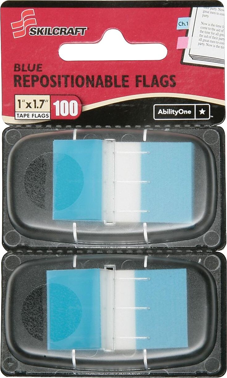 AbilityOne SKILCRAFT Removable Self-stick Flags Disp, Self-adh, Removable/Reusable/Repositionable, 1"x1.70", Brt Blue, 100/Pk