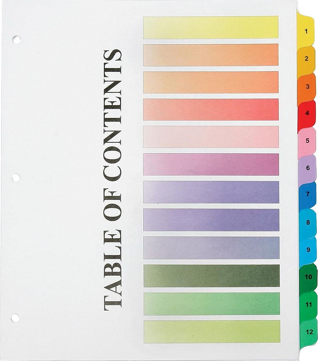 AbilityOne SKILCRAFT 3HP Printable Table of Contents Sheets, Printed1-12, 1 Set, Multicolor Tab