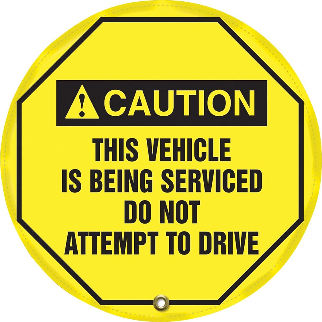 Accuform 24" Steering Wheel Message Cover "CAUTION THIS VEHICLE IS BEING..", Black On Yellow (KDD738)