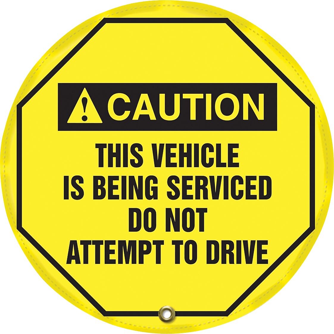 Accuform 20" Steering Wheel Message Cover "CAUTION THIS VEHICLE IS BEING..", Black On Yellow (KDD727)