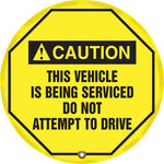 Accuform 20" Steering Wheel Message Cover "CAUTION THIS VEHICLE IS BEING..", Black On Yellow (KDD727)