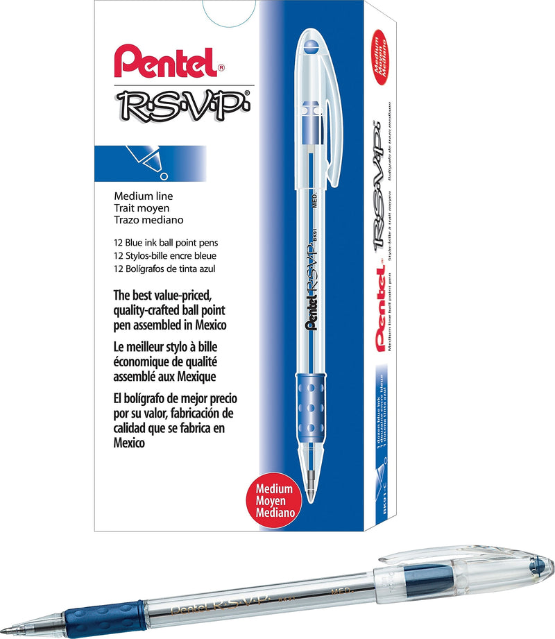 Pentel R.S.V.P. Ballpoint Pens, Medium Point, 1.0mm, Blue Ink, Dozen (BK91-C)