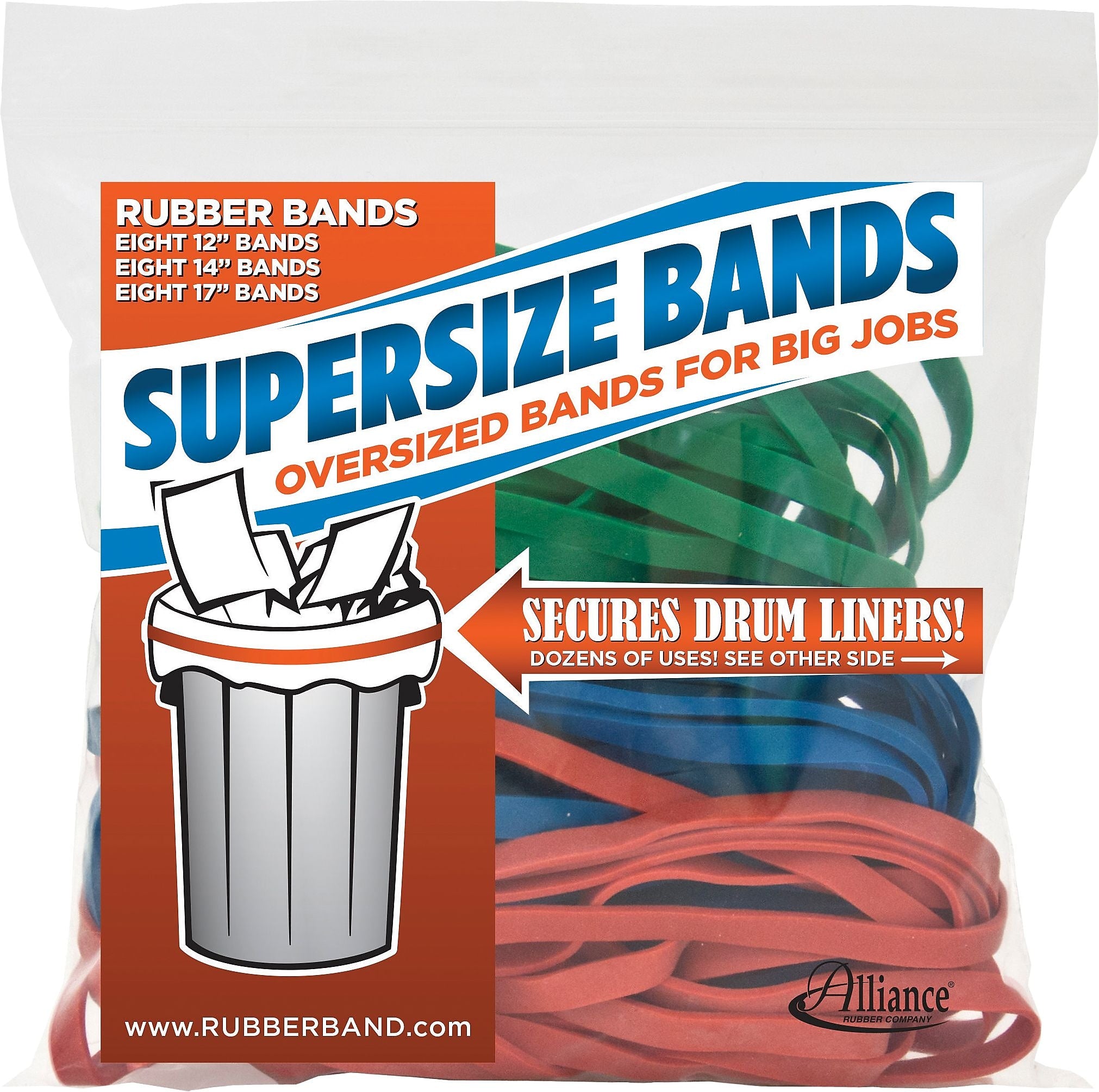 Alliance Rubber Company SuperSize Assorted Size Rubber Bands, Red, Green, and Blue, 24/Pack, Resealable Bag (08997)