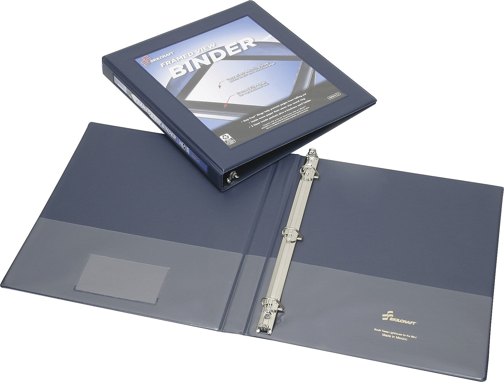 AbilityOne SKILCRAFT Frame View Binders, Letter, 8.50" x 11", 20 Sheet Capacity, D-Ring, 0.50" Fastener Capacity, Navy Blue