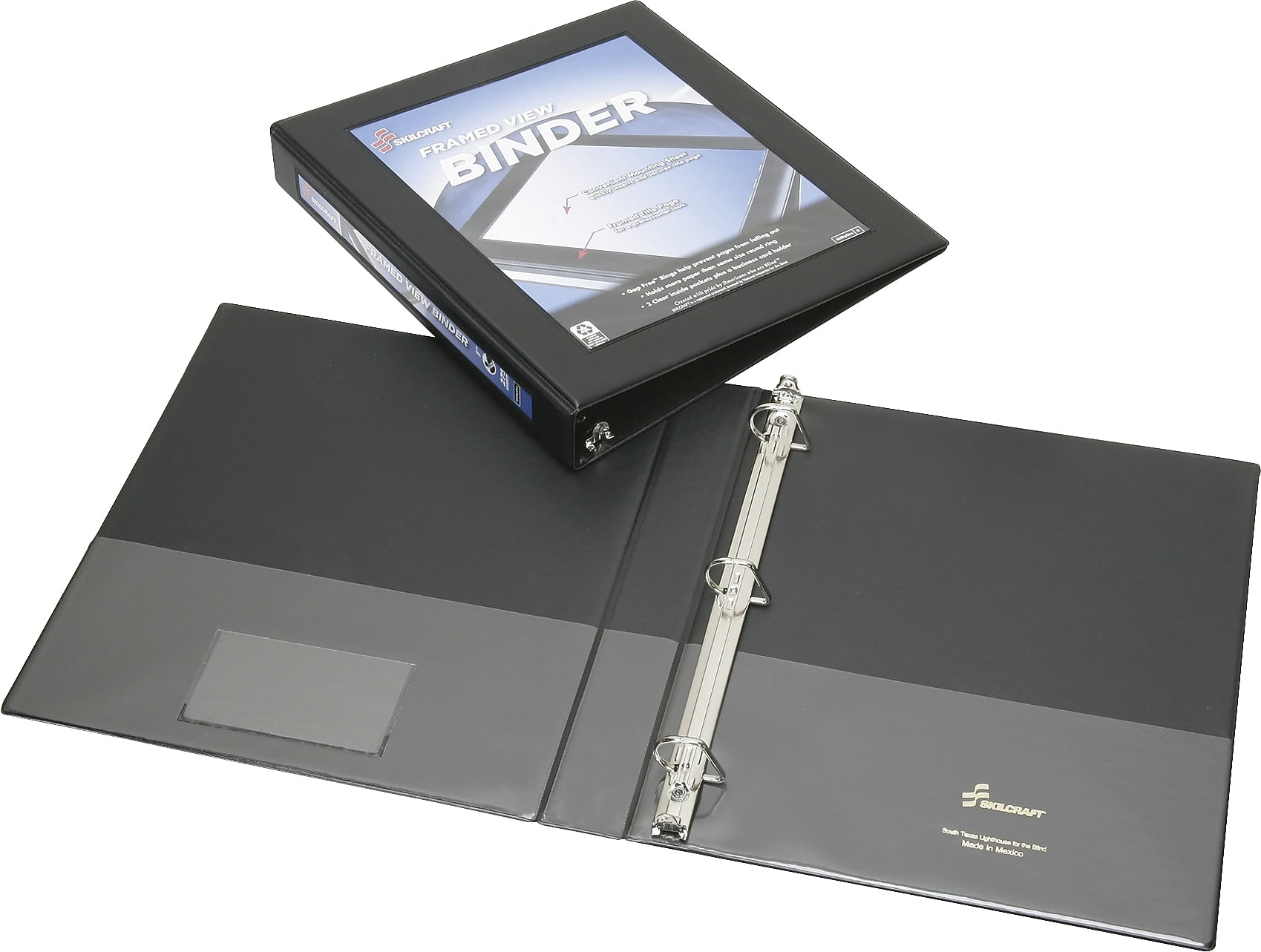 AbilityOne SKILCRAFT Frame View Binders, Letter, 8.50" x 11", 20 Sheet Capacity, D-Ring, 1" Binder Fastener Capacity, Black