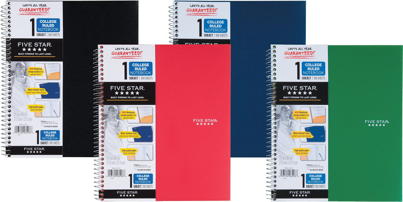 Five Star 1-Subject Notebooks, 8.5" x 11", College Ruled, 100 Sheets, Assorted Colors, Each (06206/08076)
