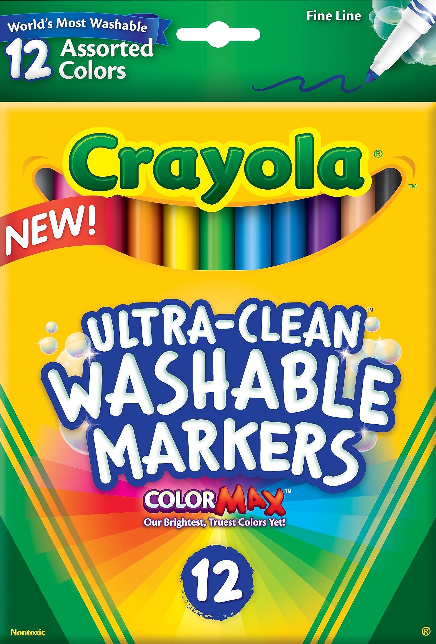 Crayola Ultra-Clean Washable Markers, Fine, Assorted Colors, 12/Box (58-7813)