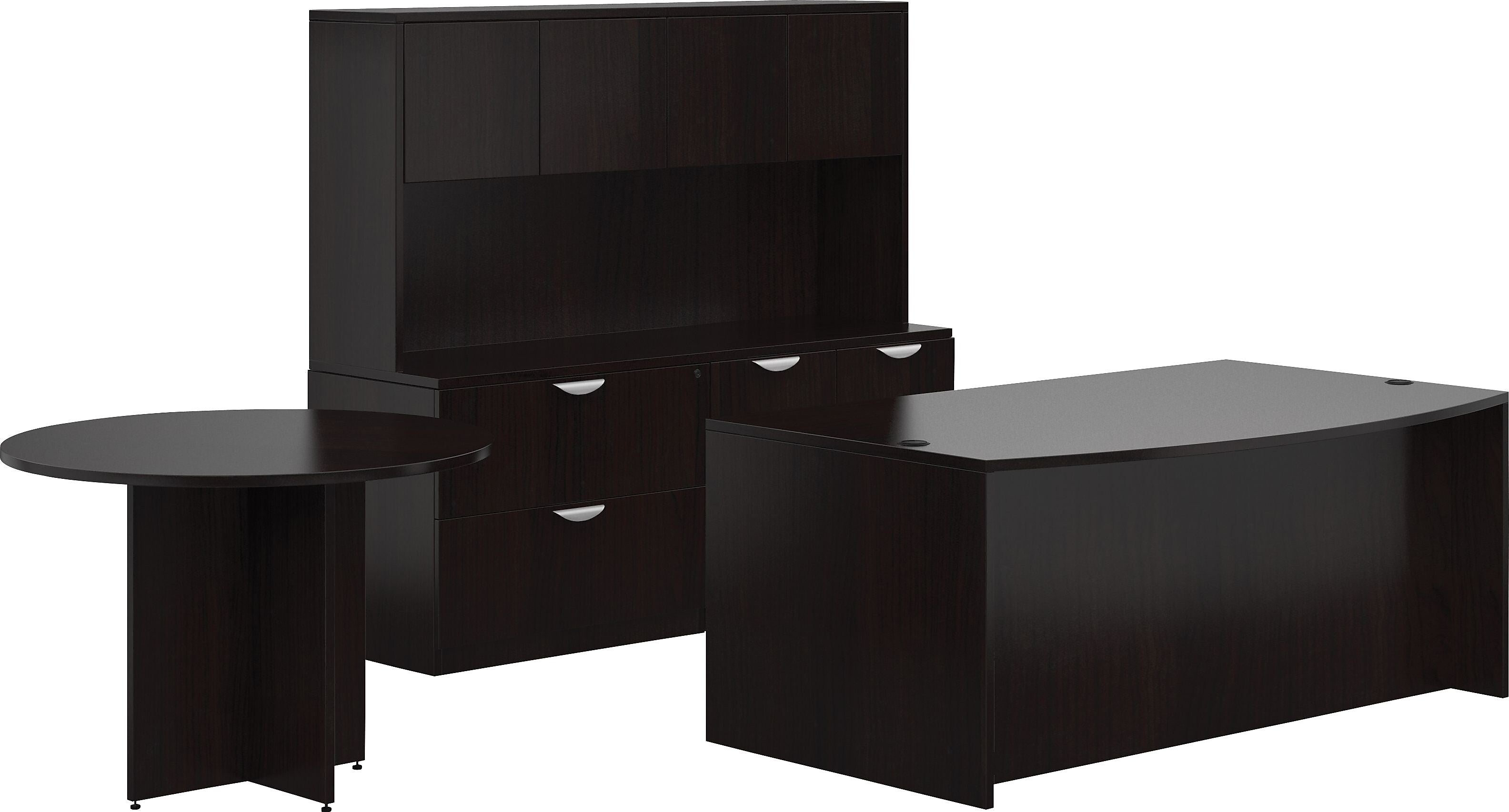 Offices To Go Superior Laminate Front Desk Shell w/Storage; Pedestal/Table, Espresso, 29.5"-65"x71"-161"x111"