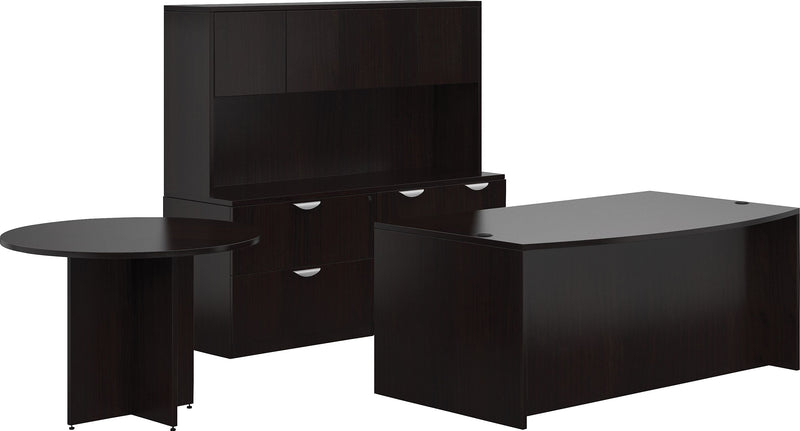Offices To Go Superior Laminate Front Desk Shell w/Storage; Pedestal/Table, Espresso, 29.5"-65"x71"-161"x111"