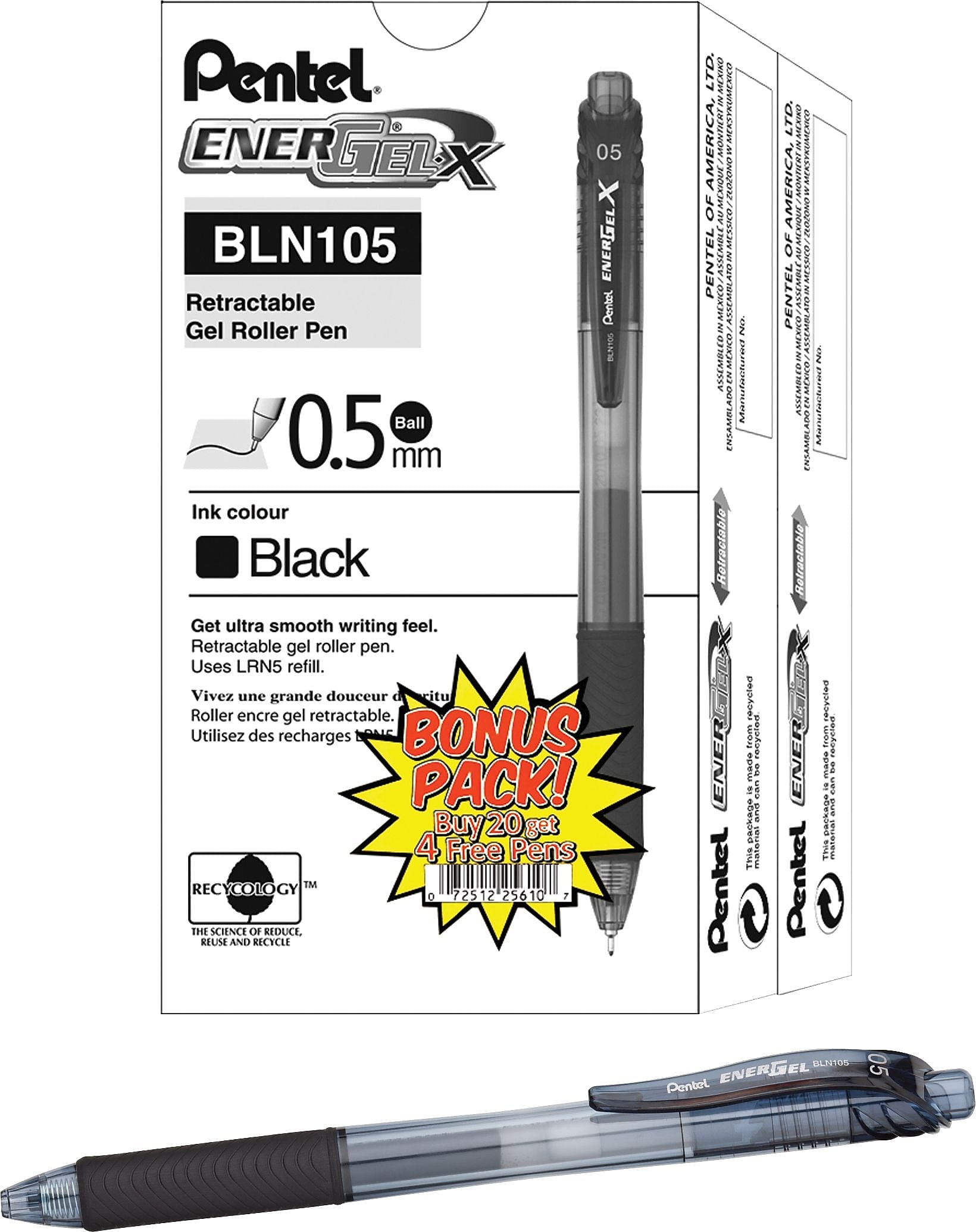 Pentel® EnerGel-X™ Retractable Roller Gel Pens, Fine Point, Black Barrel with Black Ink, 24/Pack (BLN105ASW2)
