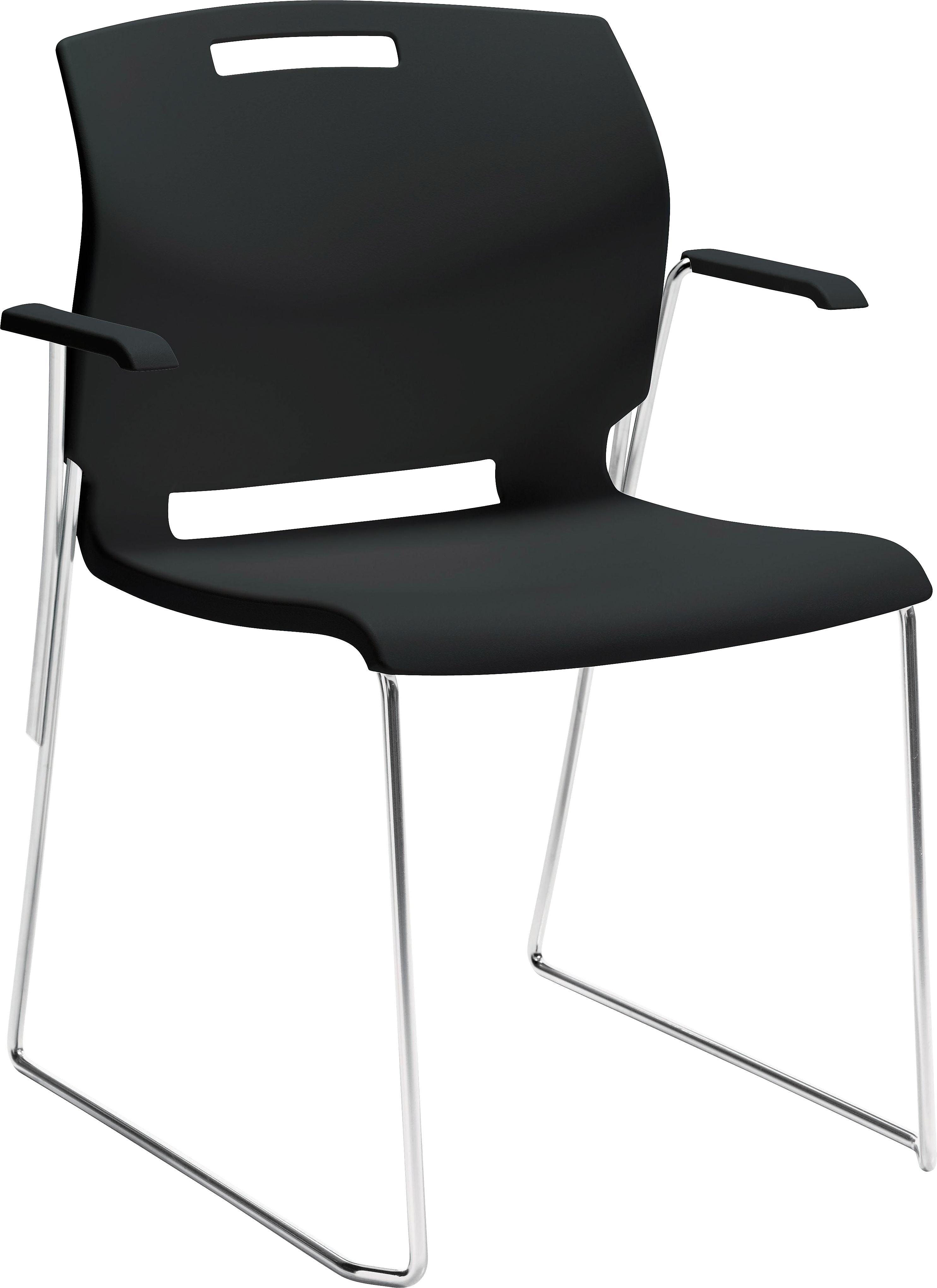 Global Popcorn Stack Chair with Arms, Plastic, Asphalt Black, Seat: 18"W x 18"D , Back: 19.5"W x 16"H