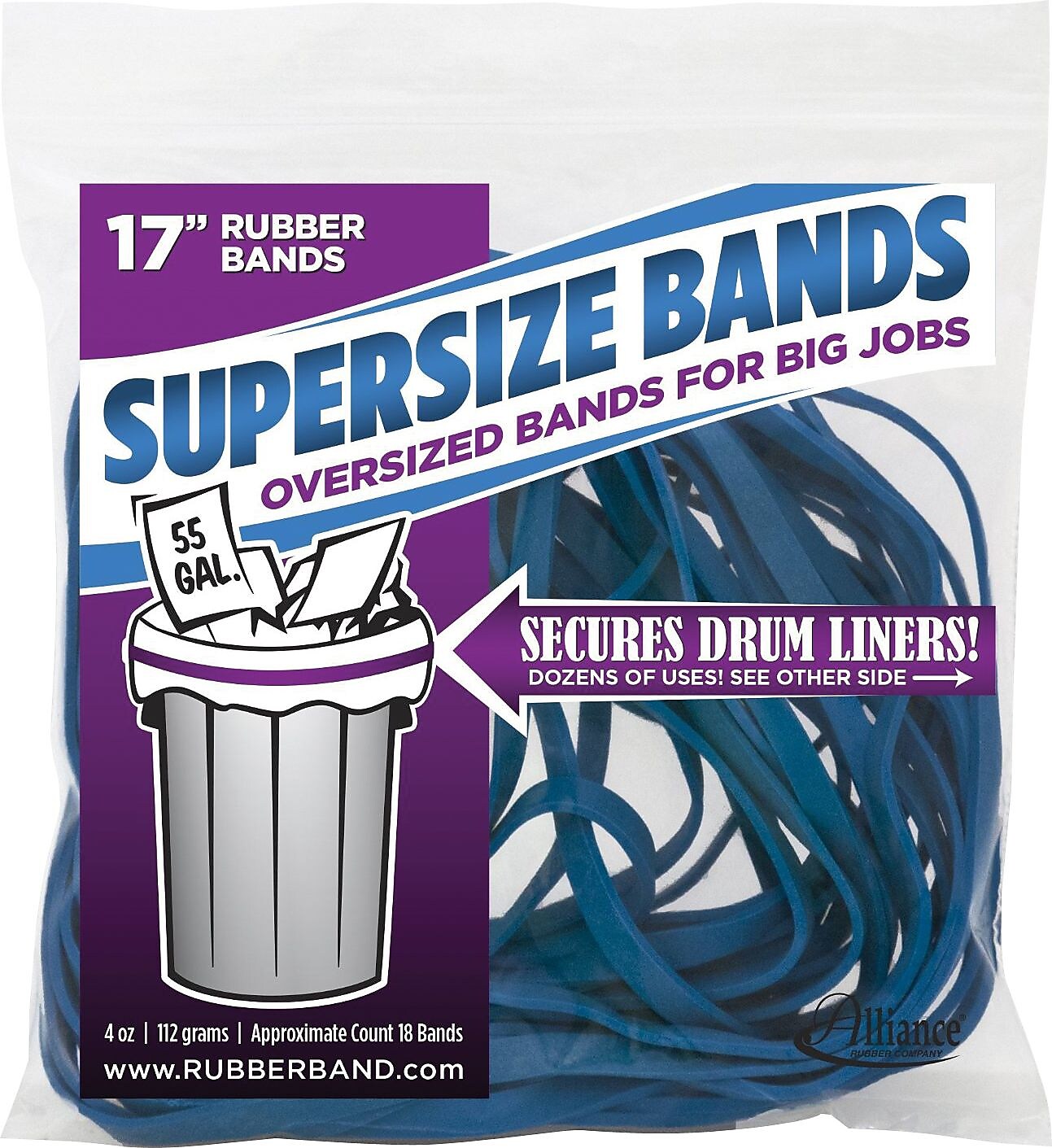 Alliance SuperSize Oversized Rubber Bands, 17" x 1/4", Blue, 12/Pack (08995)