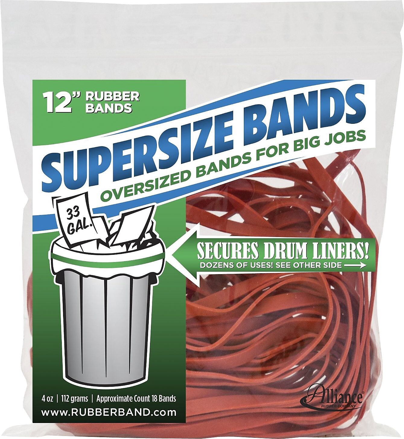 Alliance SuperSize Oversized Rubber Bands, 12" x 1/4", Red, 18/Pack (08994)