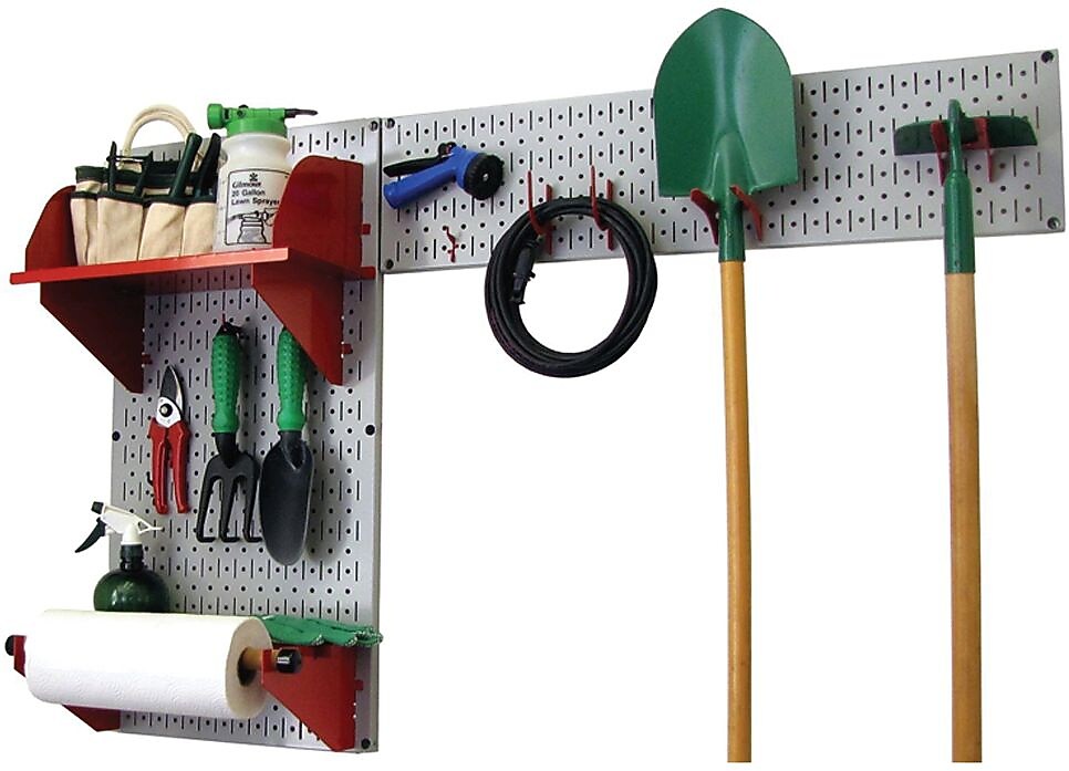 Wall Control Garden Tool Storage Organizer Pegboard Kit, Gray Tool Board and Red Accessories