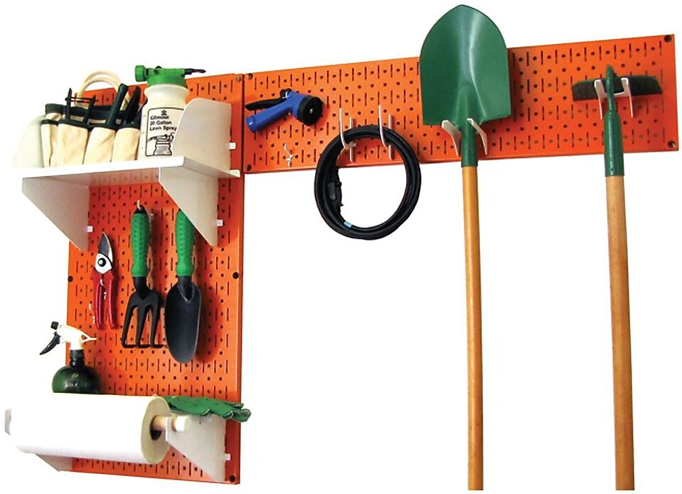 Wall Control Garden Tool Storage Organizer Pegboard Kit, Orange Tool Board and White Accessories